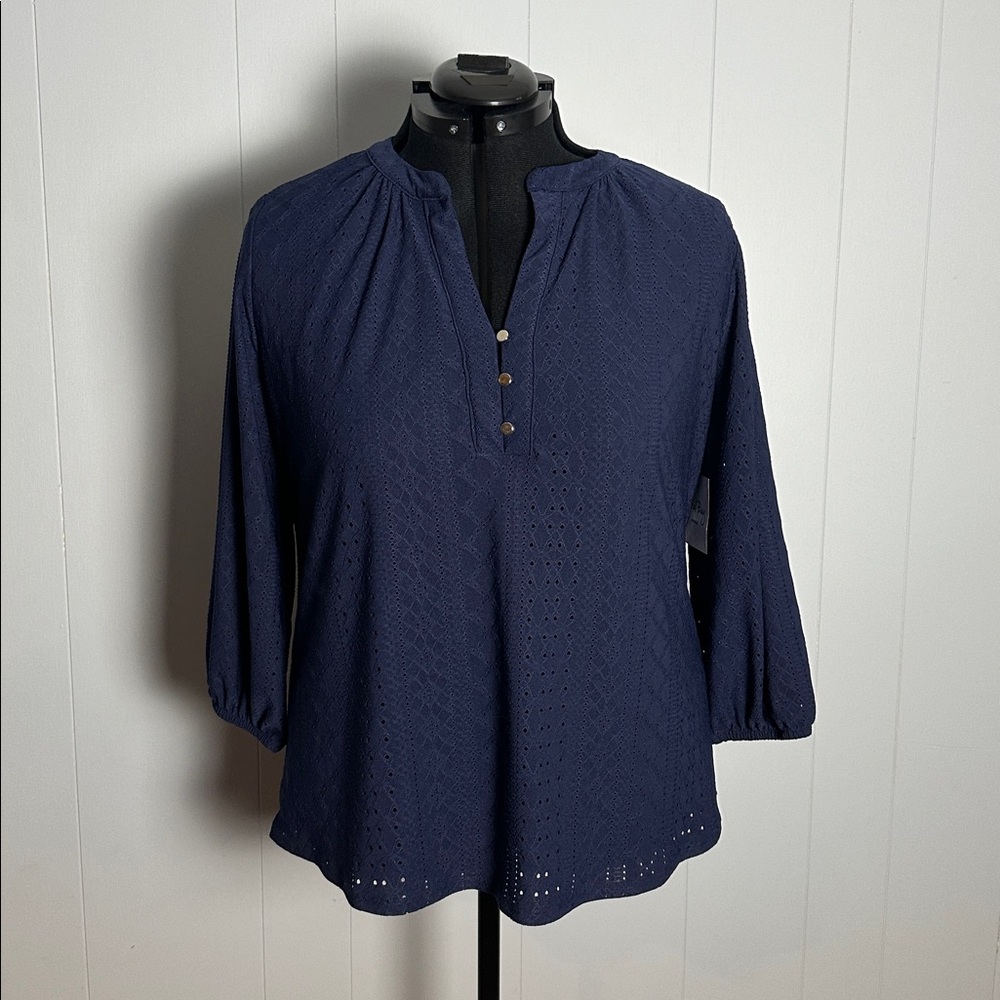 Coral Bay Blue Eyelet Blouse with Button Detail 1X